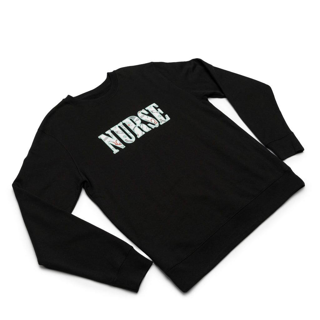 Black crewneck worn at an angle with the Nurse design appliqued on the chest