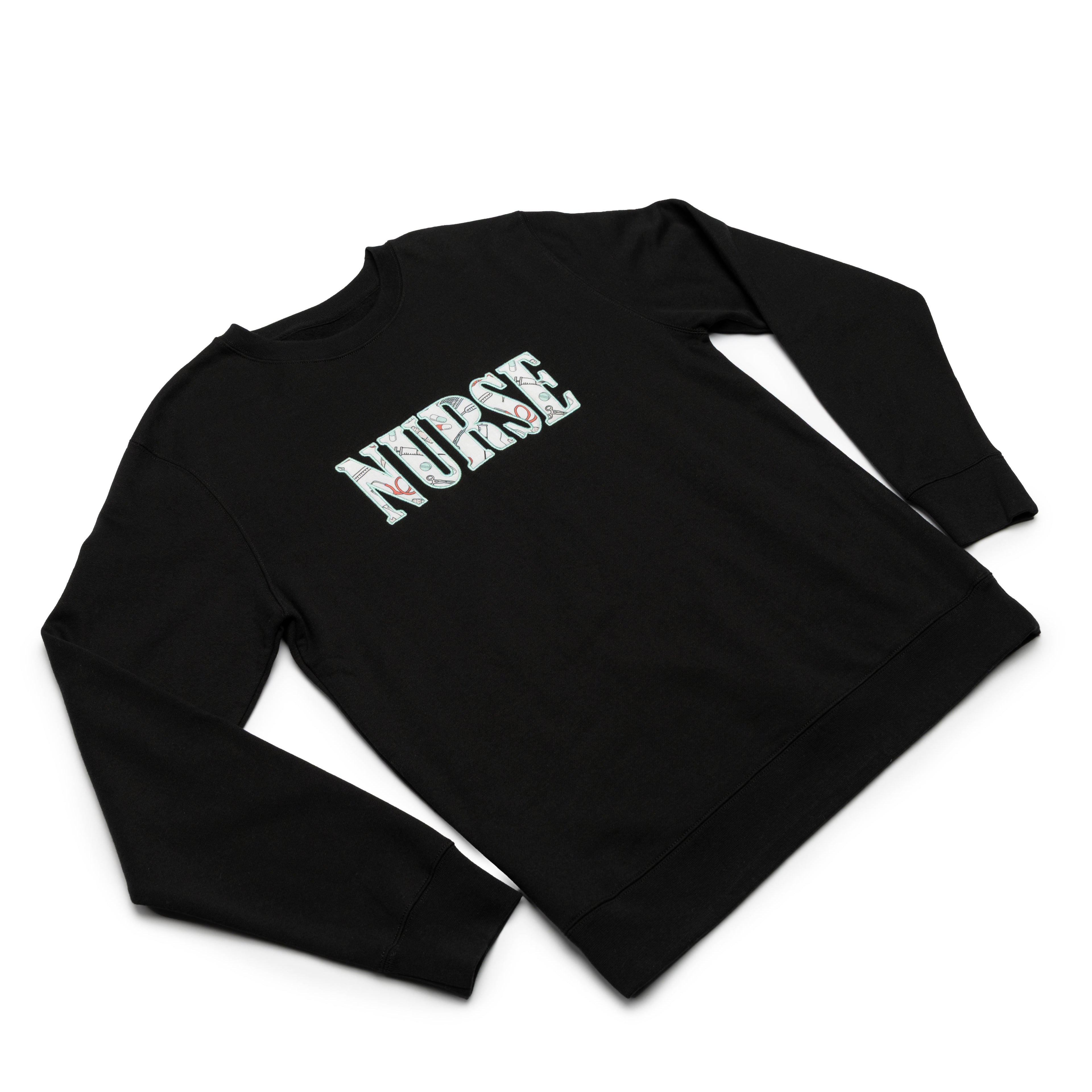 Black crewneck worn at an angle with the Nurse design appliqued on the chest