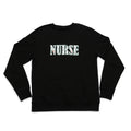 Black crewneck laid flat with the Nurse design appliqued on the chest