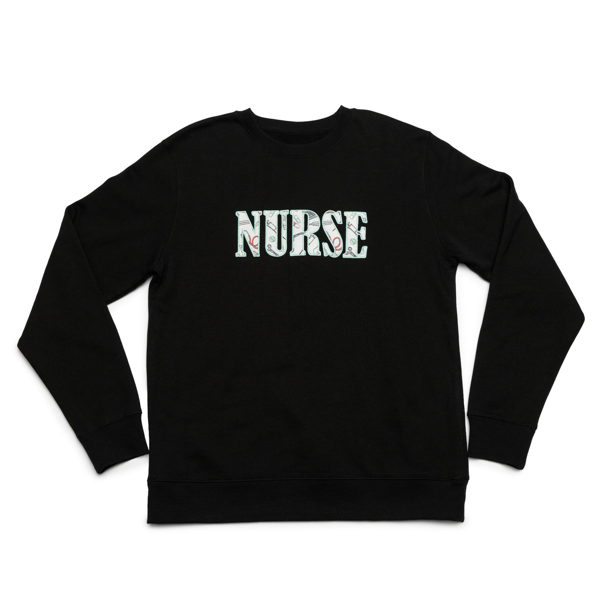Black crewneck laid flat with the Nurse design appliqued on the chest