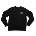 Black crewneck laid flat with a custom name and the CNA design embroidered on the chest