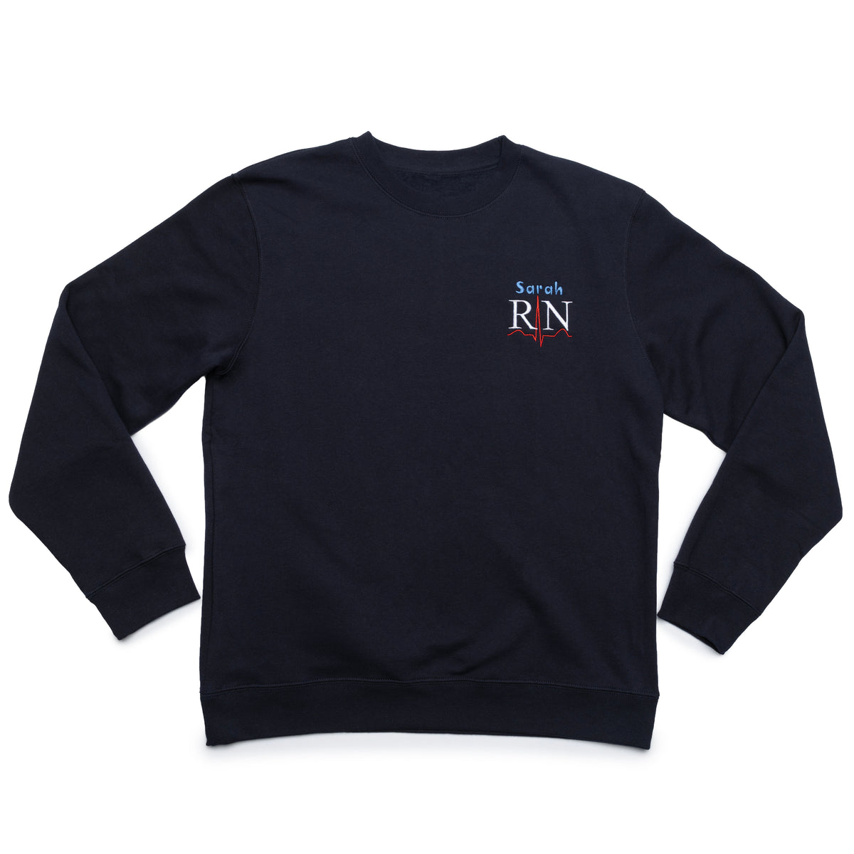 Classic Navy crewneck laid flat with a custom name and the RN design embroidered on the chest