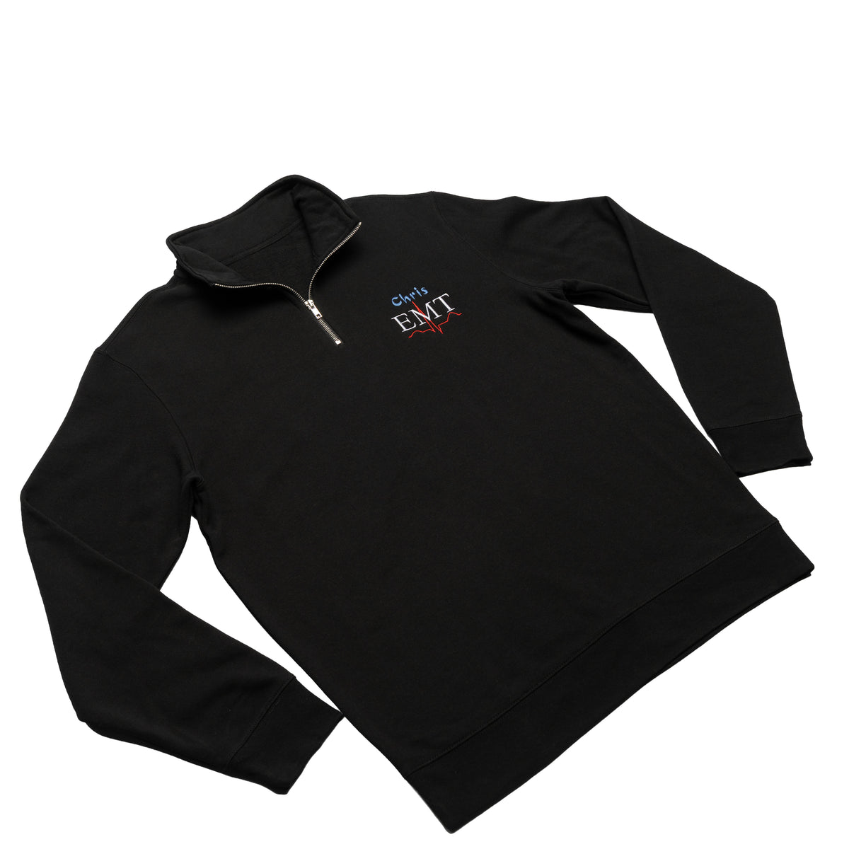Black quarter-zip worn at an angle with a custom name and the EMT design embroidered on the chest