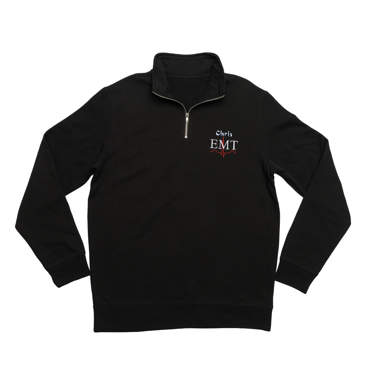 Black quarter-zip laid flat with a custom name and the EMT design embroidered on the chest