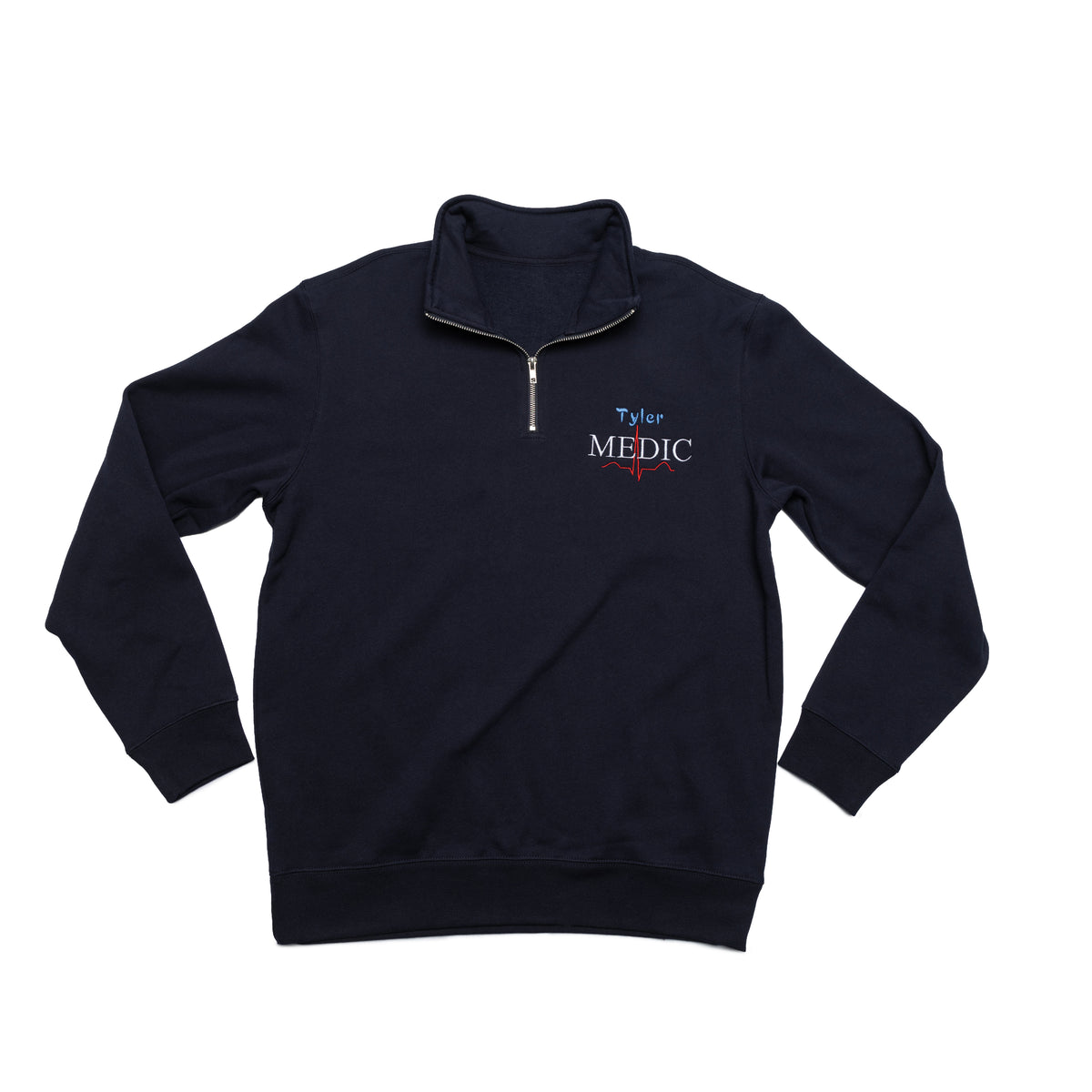 Classic Navy quarter-zip laid flat with a custom name and the Medic design embroidered on the chest