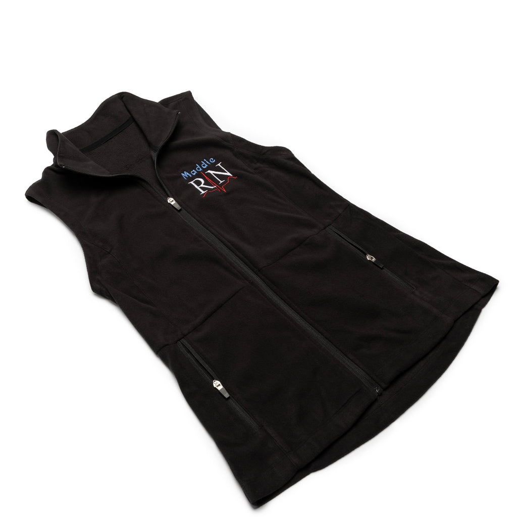 Black vest worn at an angle with a custom name and the RN design embroidered on the chest