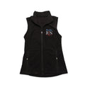 Black vest laid flat with a custom name and the RN design embroidered on the chest
