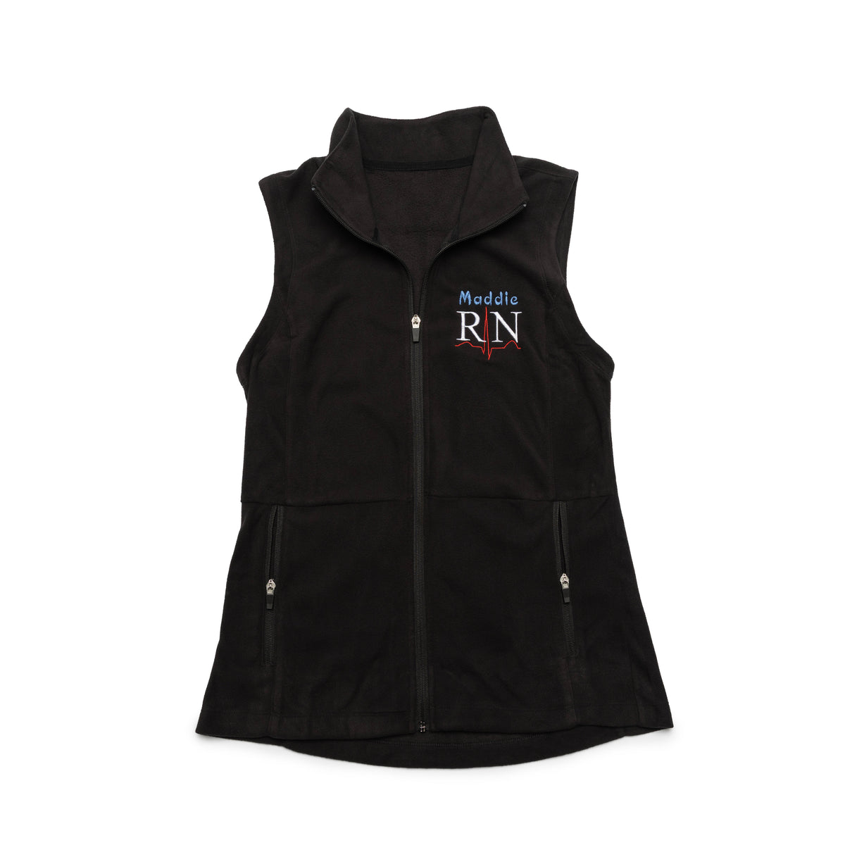Black vest laid flat with a custom name and the RN design embroidered on the chest