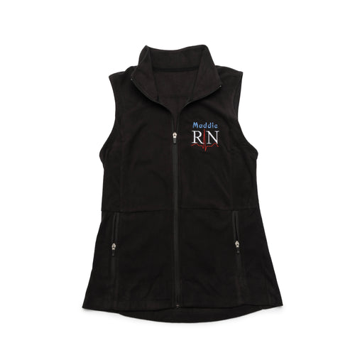 Black vest laid flat with a custom name and the RN design embroidered on the chest