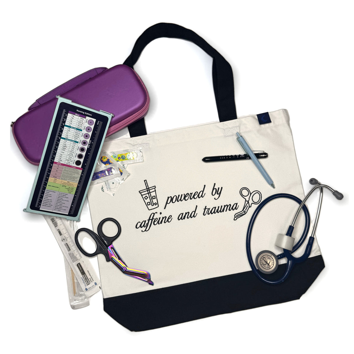 The natural canvas tote laid flat and styled with a shift's worth of supplies around it, a stethoscope, trauma shears, a penlight, a pen, a nursing reference card and a zip supply case.