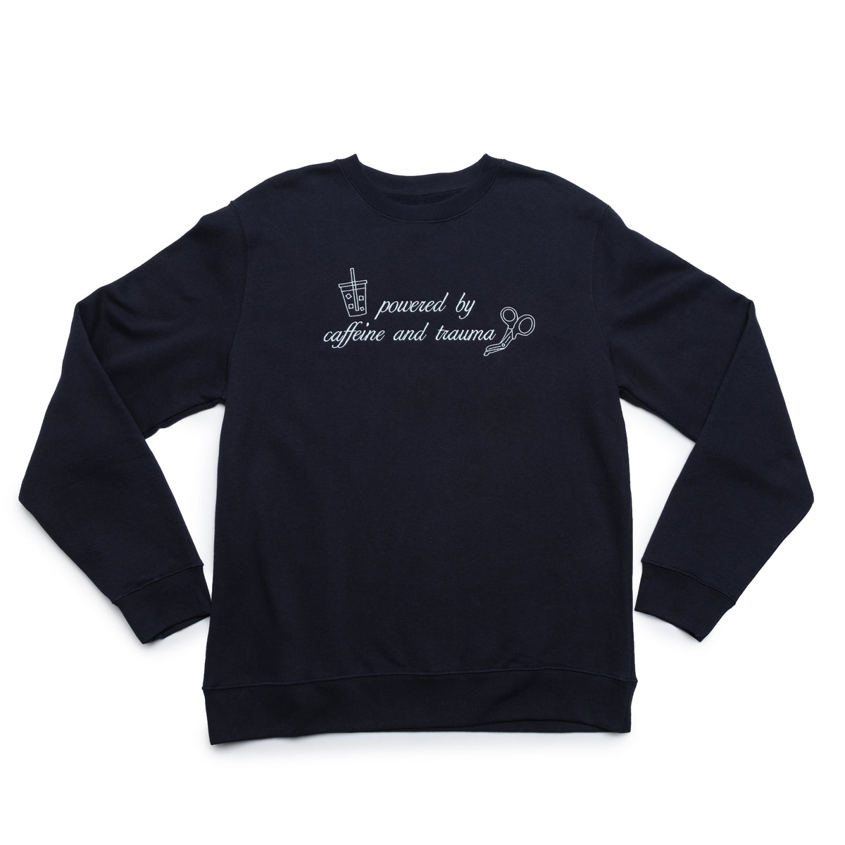 Classic Navy crewneck laid flat with the Powered by Caffeine and Trauma design embroidered on the chest