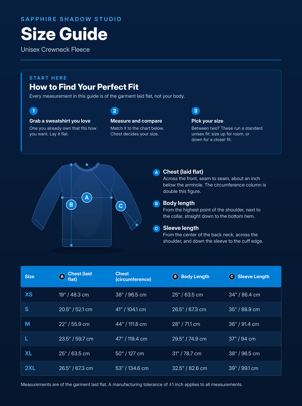 Unisex Crewneck Fleece size guide: chest (laid flat), chest (circumference), body length, and sleeve length in inches and centimeters for sizes XS, S, M, L, XL, 2XL.