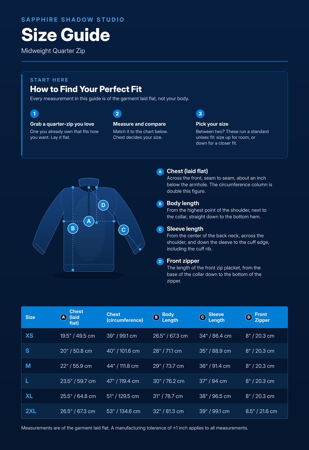 Midweight Quarter Zip size guide: chest (laid flat), chest (circumference), body length, sleeve length, and front zipper in inches and centimeters for sizes XS, S, M, L, XL, 2XL.