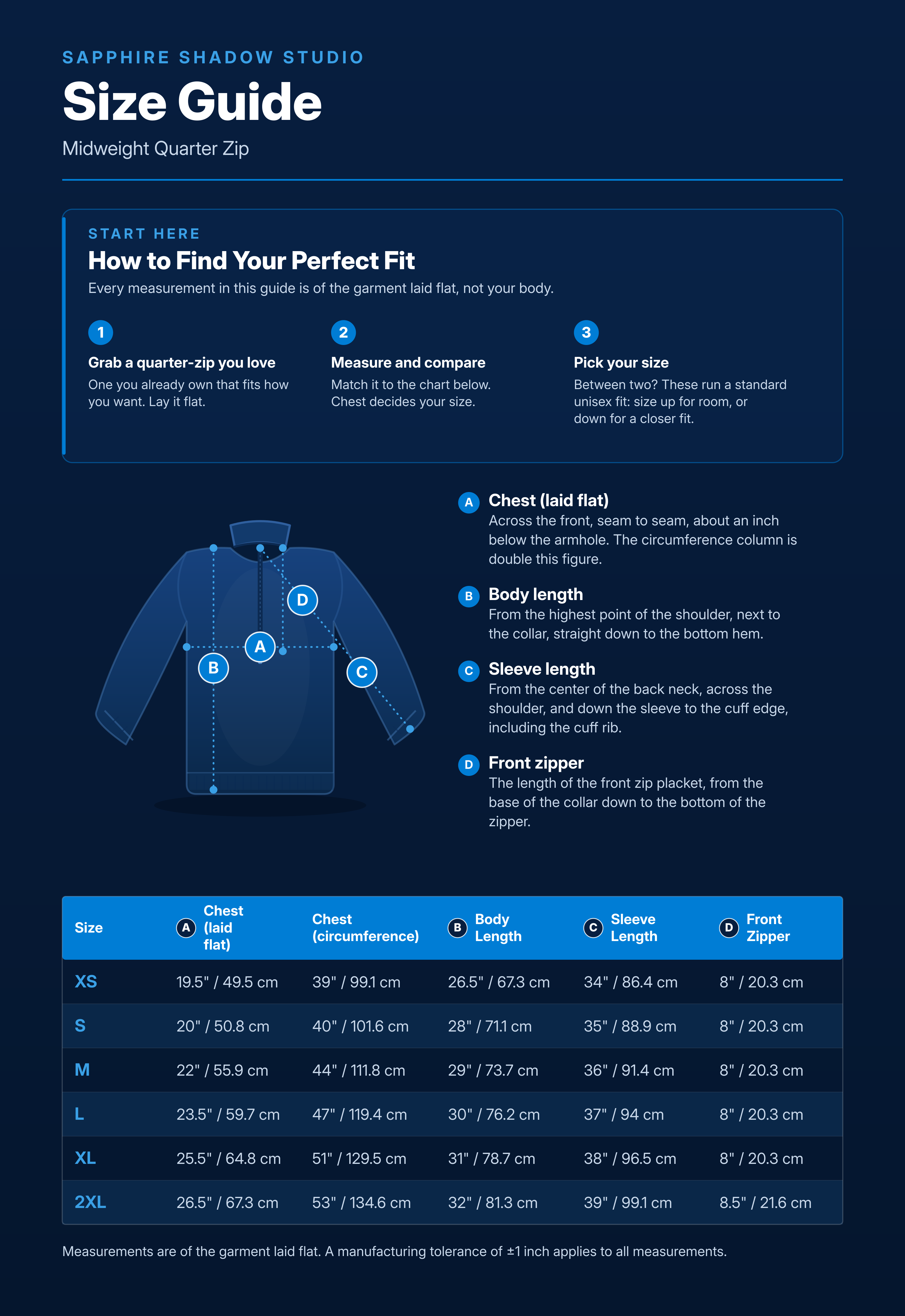 Midweight Quarter Zip size guide: chest (laid flat), chest (circumference), body length, sleeve length, and front zipper in inches and centimeters for sizes XS, S, M, L, XL, 2XL.