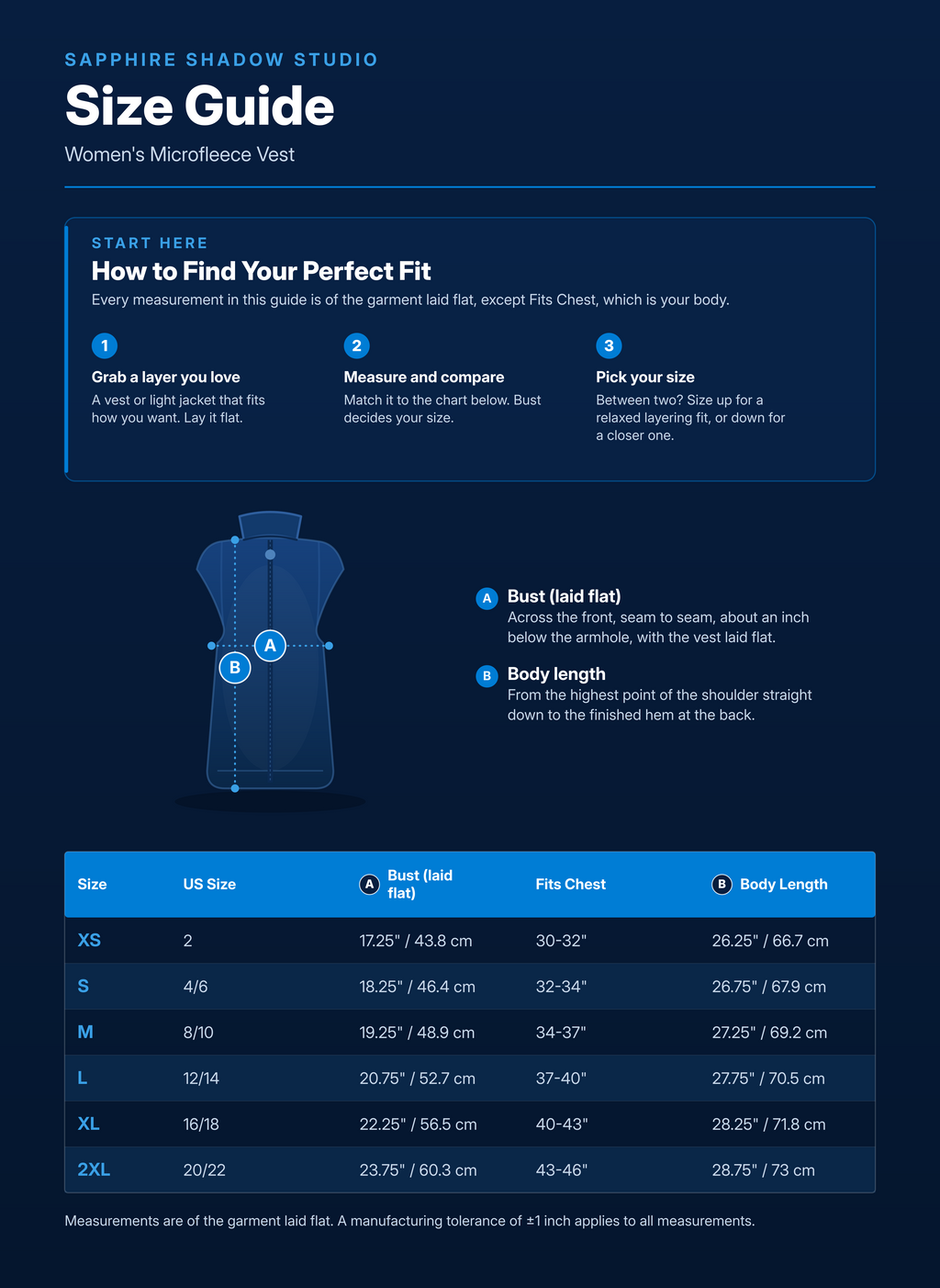 Women's Microfleece Vest size guide: bust (laid flat), fits chest, and body length in inches and centimeters for sizes XS, S, M, L, XL, 2XL.